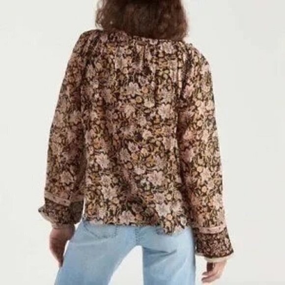 Billabong Sun Fire Printed Boho Peasant Long Sleeve Tassel Tie Top Size S - Picture 2 of 16